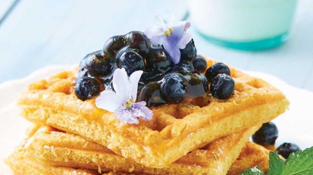 Waffles azules de avena con moras